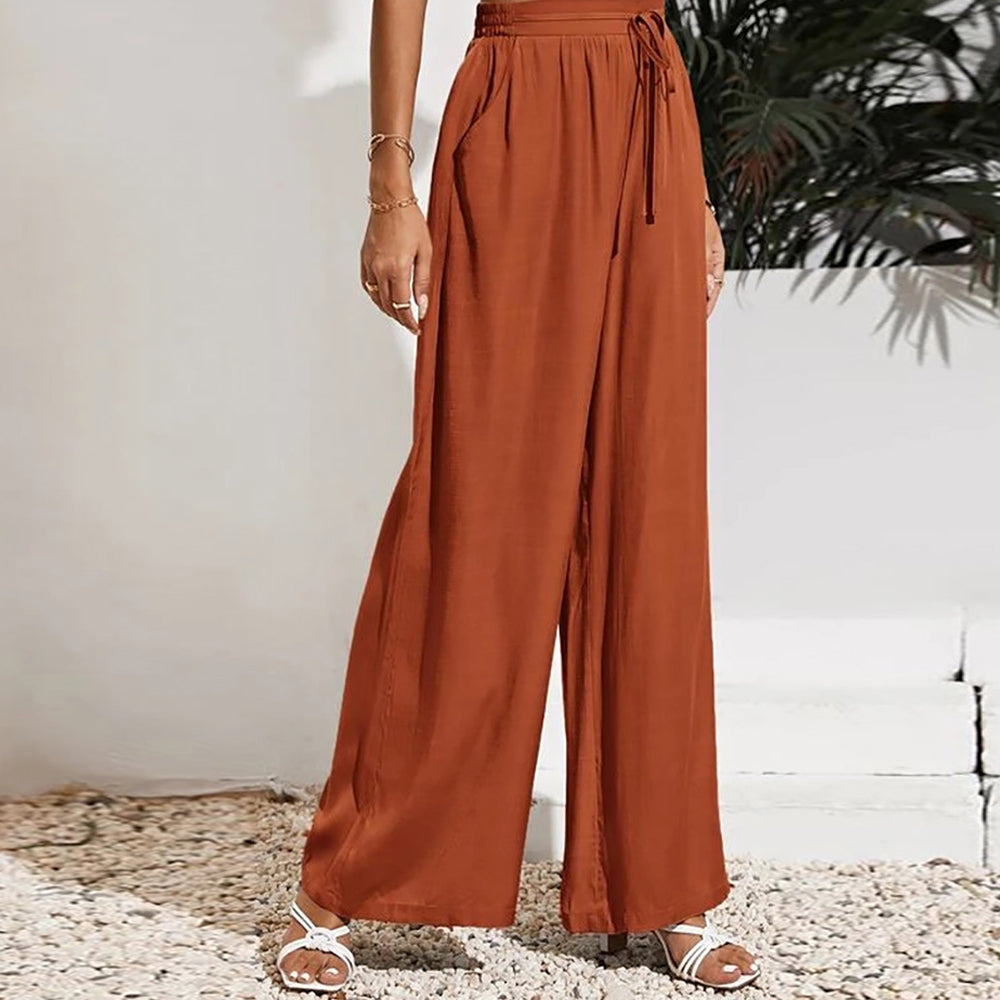 Women's solid color wide leg trousers with a high waist