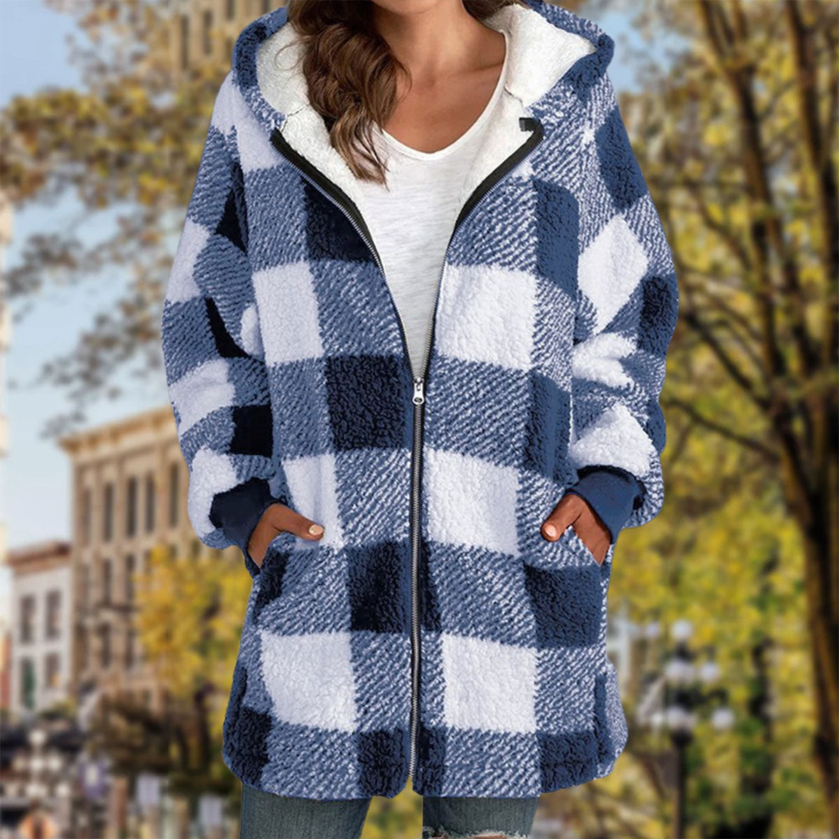 Ladies Plaid Hooded Plaid Zipper Casual Jacket