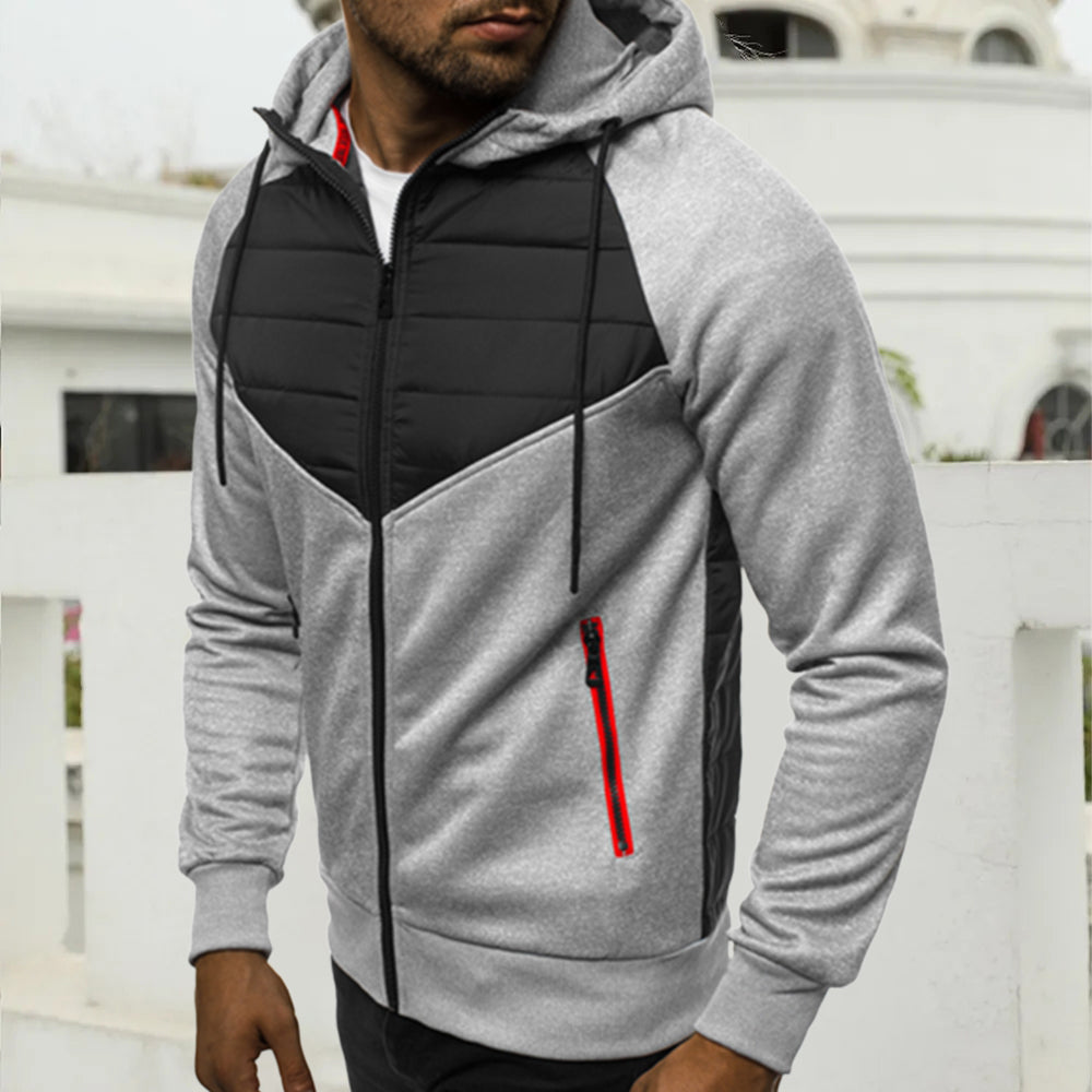 Men's raglan sleeve patchwork zipper hooded cardigan sweatshirt