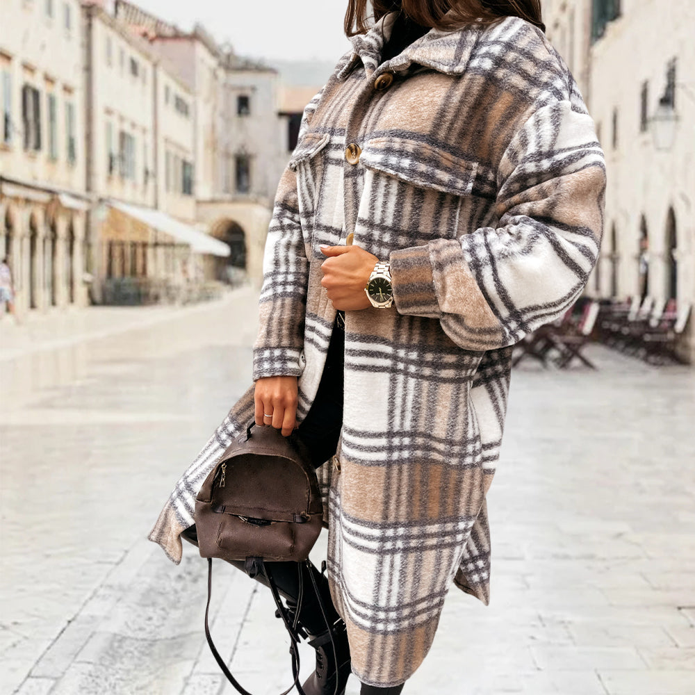 New Autumn and Winter Women's Plaid Print Double Pocket Jacket