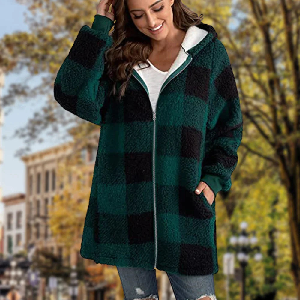 Ladies Plaid Hooded Plaid Zipper Casual Jacket