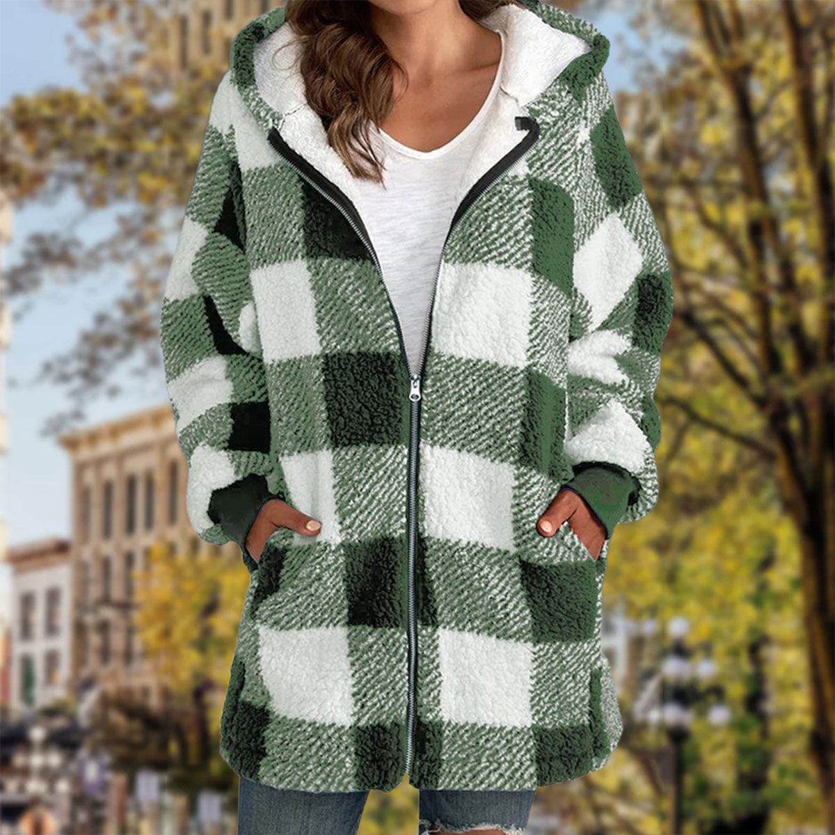 Ladies Plaid Hooded Plaid Zipper Casual Jacket