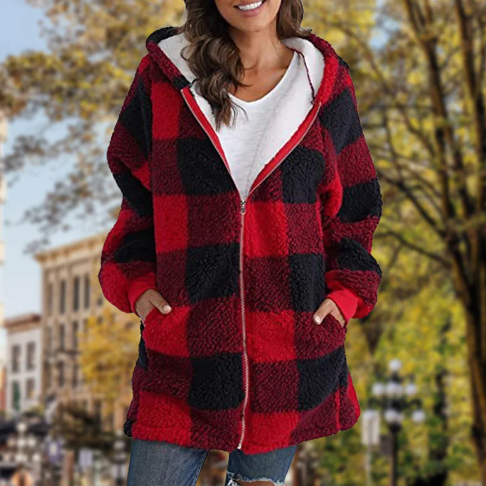 Ladies Plaid Hooded Plaid Zipper Casual Jacket