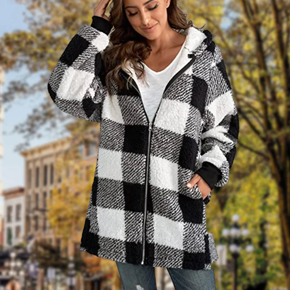 Ladies Plaid Hooded Plaid Zipper Casual Jacket