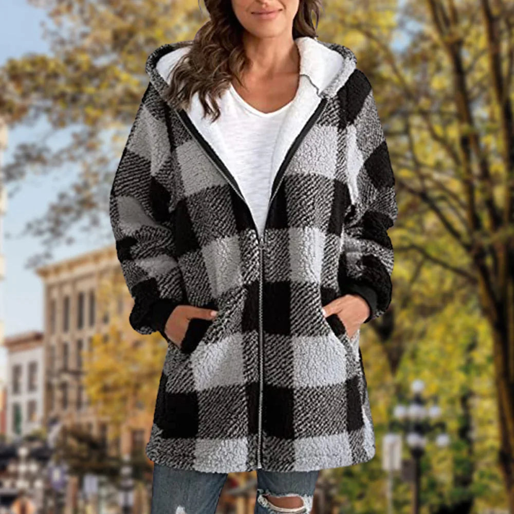 Ladies Plaid Hooded Plaid Zipper Casual Jacket