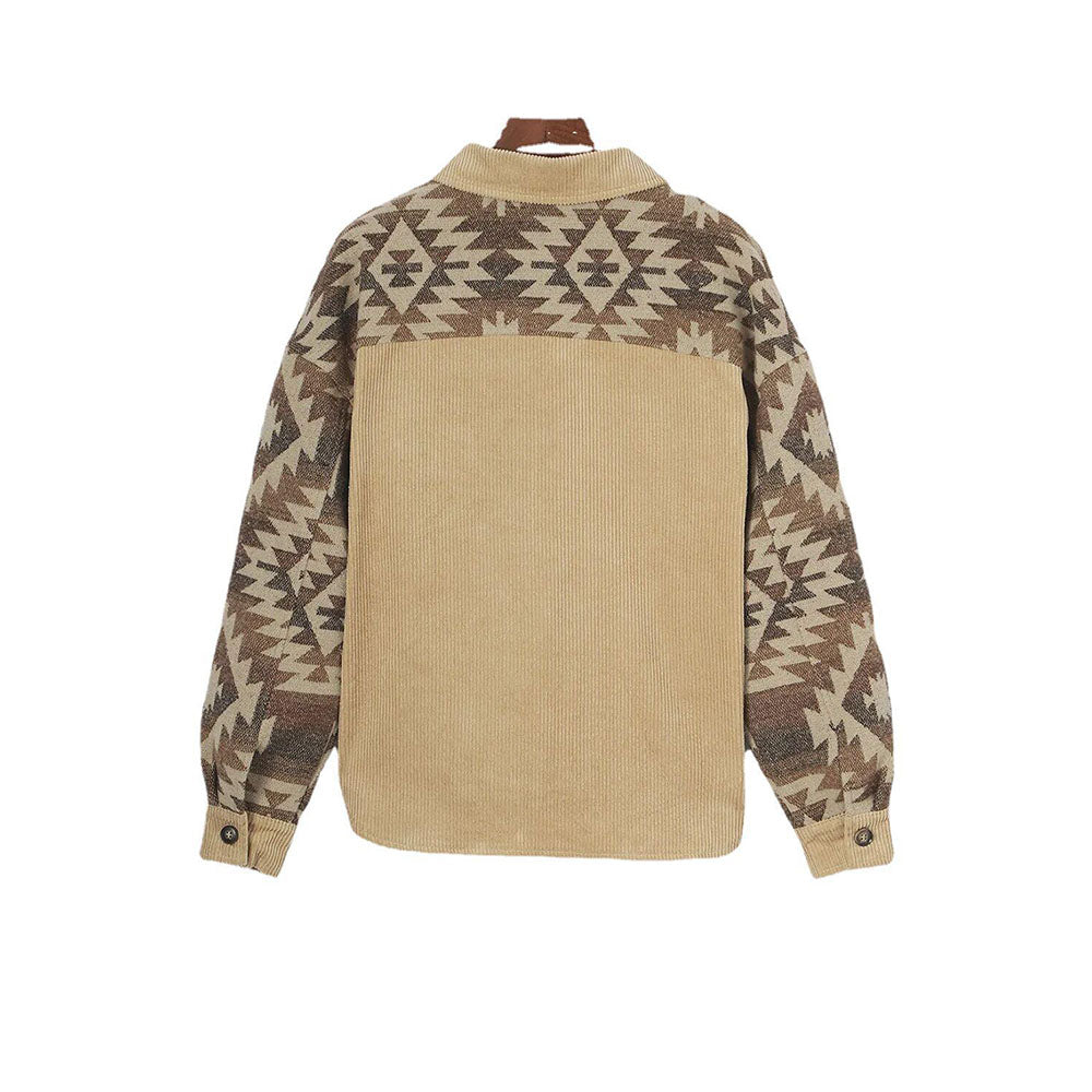 New autumn and winter geometric print single-breasted mid-length corduroy jacket