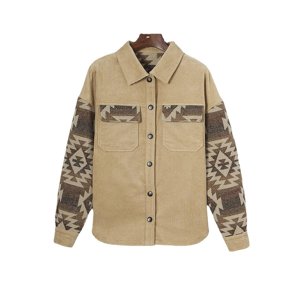 New autumn and winter geometric print single-breasted mid-length corduroy jacket