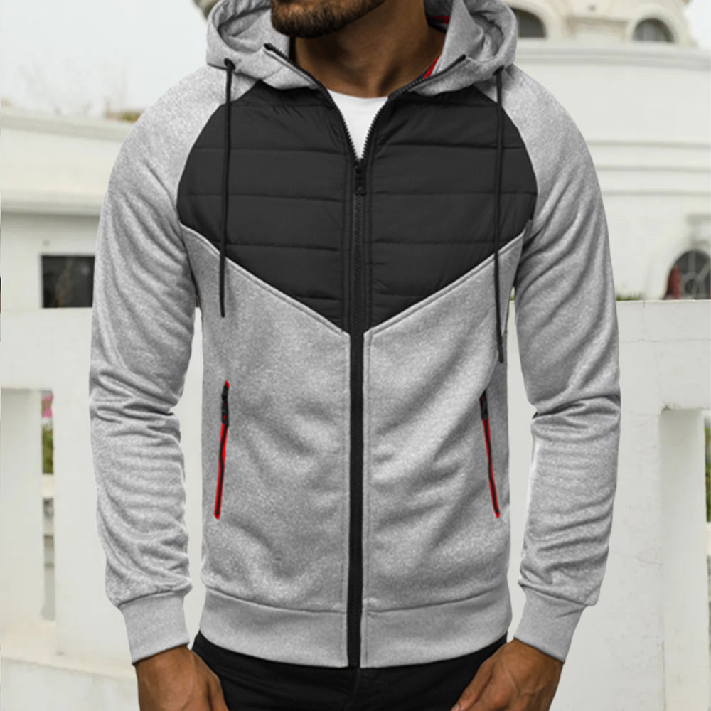 Men's raglan sleeve patchwork zipper hooded cardigan sweatshirt