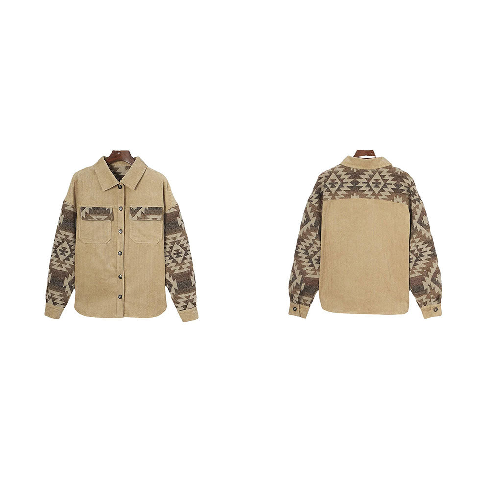 New autumn and winter geometric print single-breasted mid-length corduroy jacket