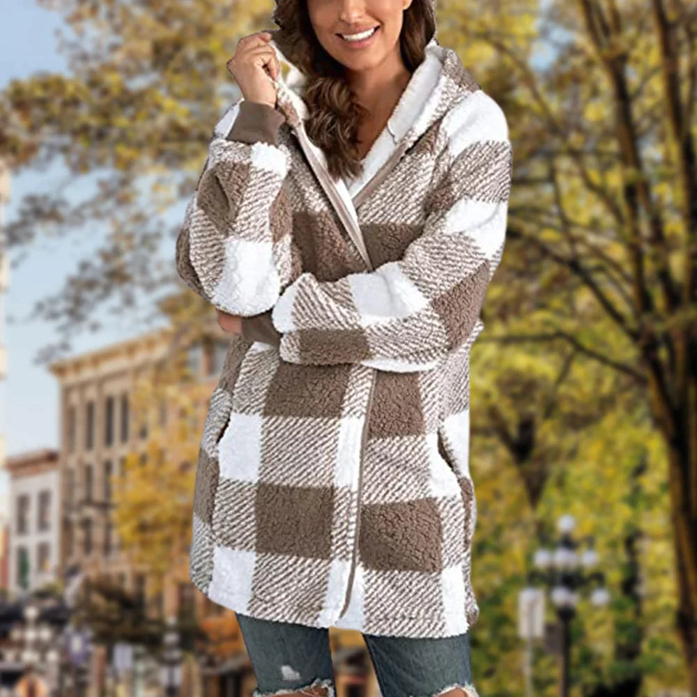 Ladies Plaid Hooded Plaid Zipper Casual Jacket