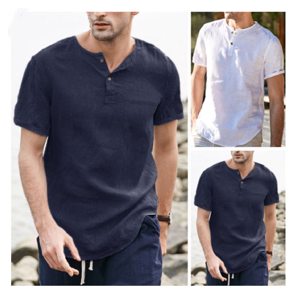 Men's Summer Casual Retro Linen V-Neck Short Sleeve Shirt